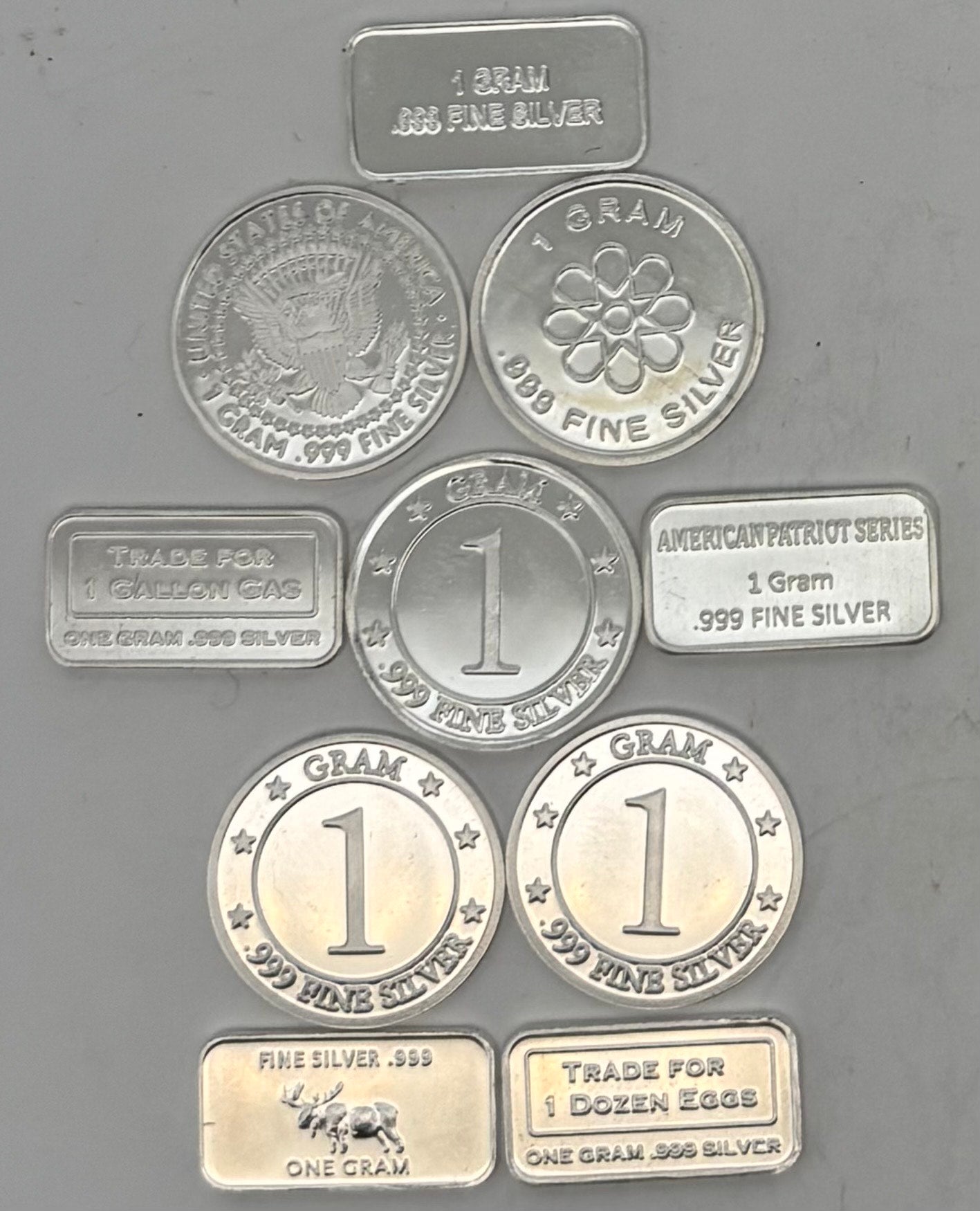 1 gram 999 Pure Silver Bar or Round of Various Designs