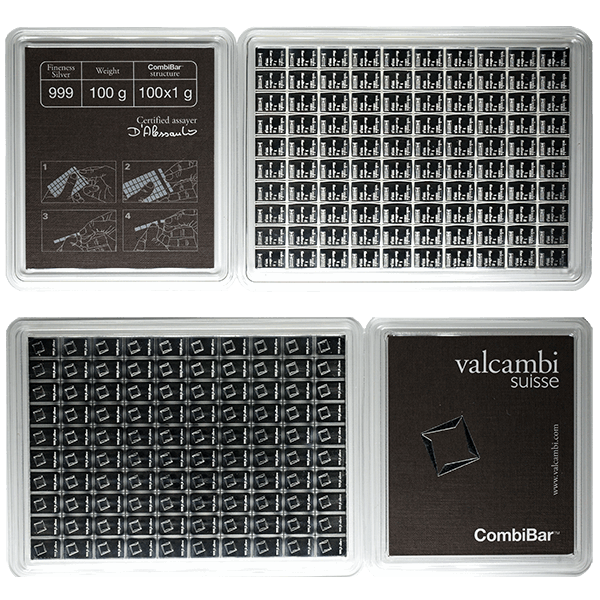 100 GRAM 999 SILVER COMBI BAR VALCAMBI  100 x 1 Gram Breakaway