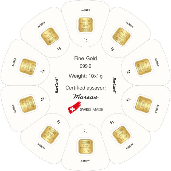 10 x 1 GRAM 999 GOLD BAR ARGOR-HERAEUS GOLDSEED
