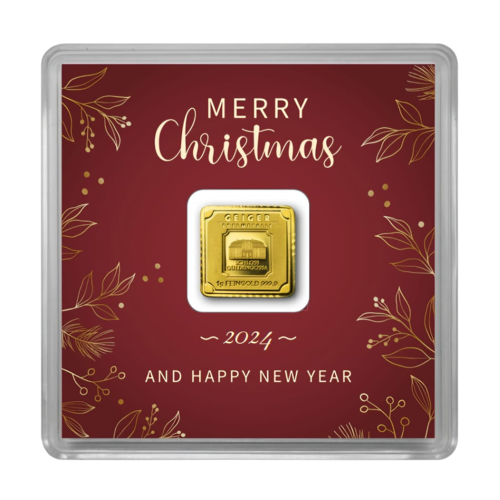 Limited Mintage Geiger Edelmetalle Christmas themed 1 Gram 9999 Gold bar in Assay