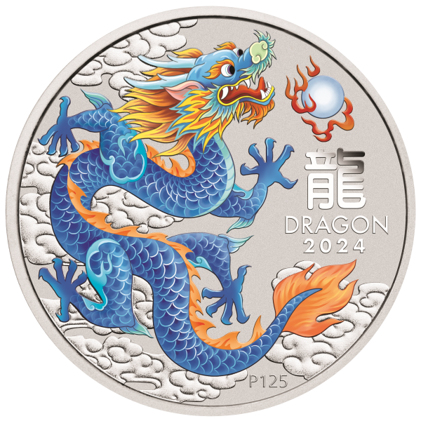 2024 1 OZ PERTH MINT SILVER LUNAR DRAGON COLORED BLUE