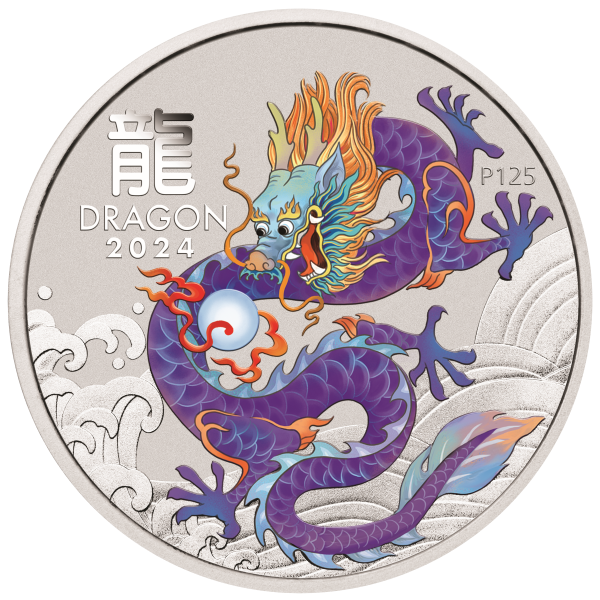 2024 1 OZ PERTH MINT SILVER LUNAR DRAGON COLORED PURPLE