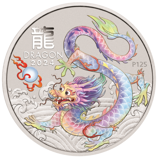 2024 1 OZ PERTH MINT SILVER LUNAR DRAGON COLORED WHITE