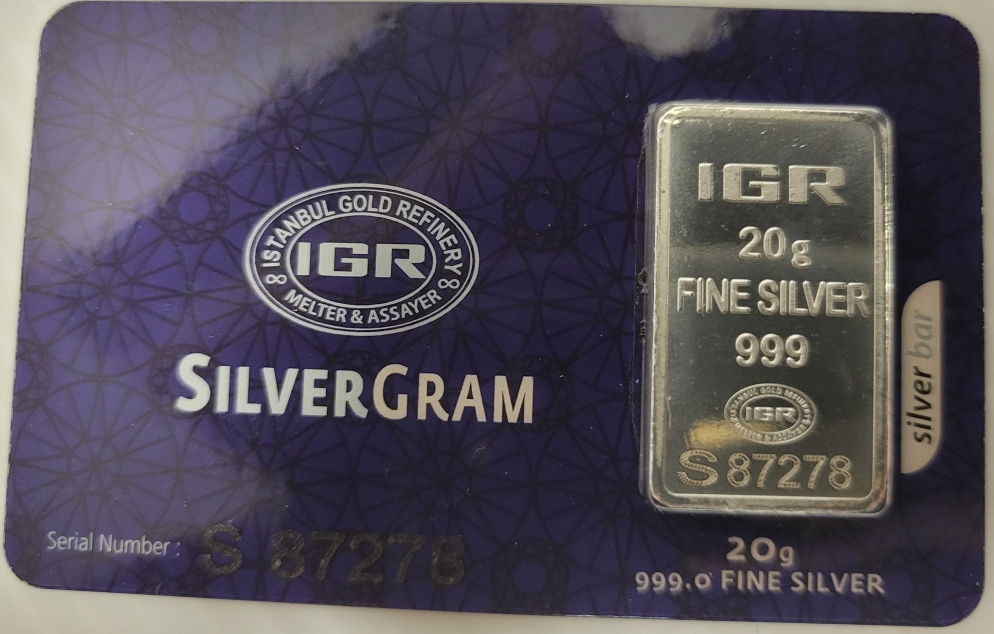 IGR Istanbul Gold Refinery 20 gram Silver Bar in Assay Card
