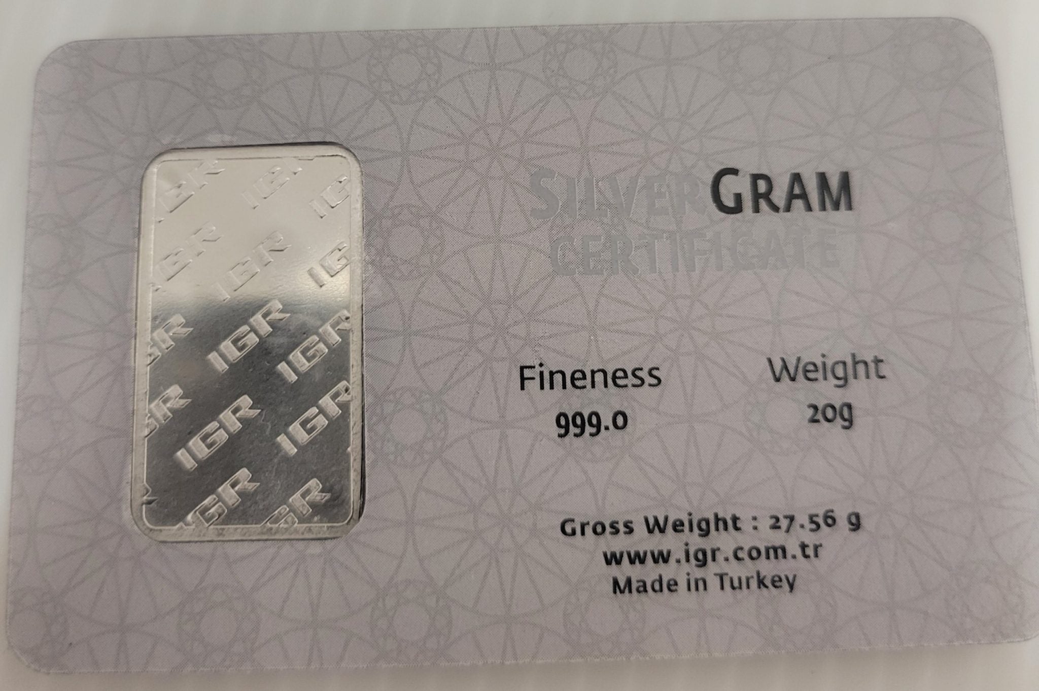 IGR Istanbul Gold Refinery 20 gram Silver Bar in Assay Card