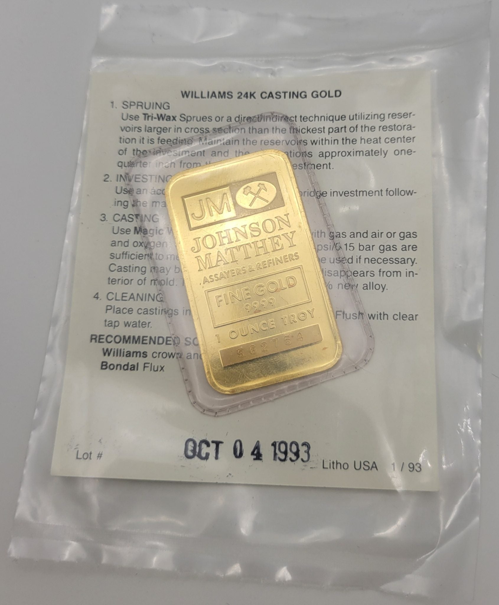 1 oz Gold Vintage Johnson Matthey Bar With Certificate