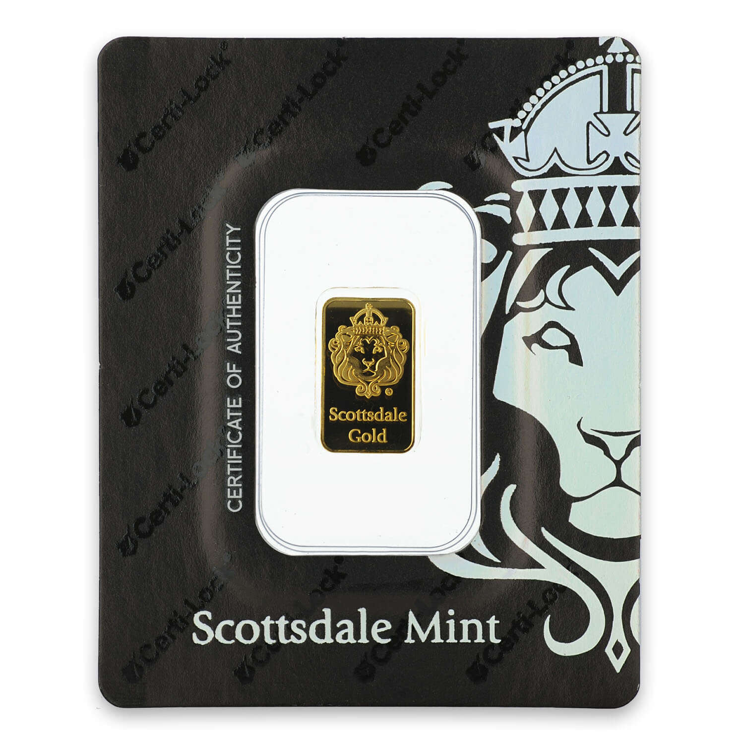 2 Gram 9999 Pure Gold Scottsdale Mint Lion Bar in Assay Card