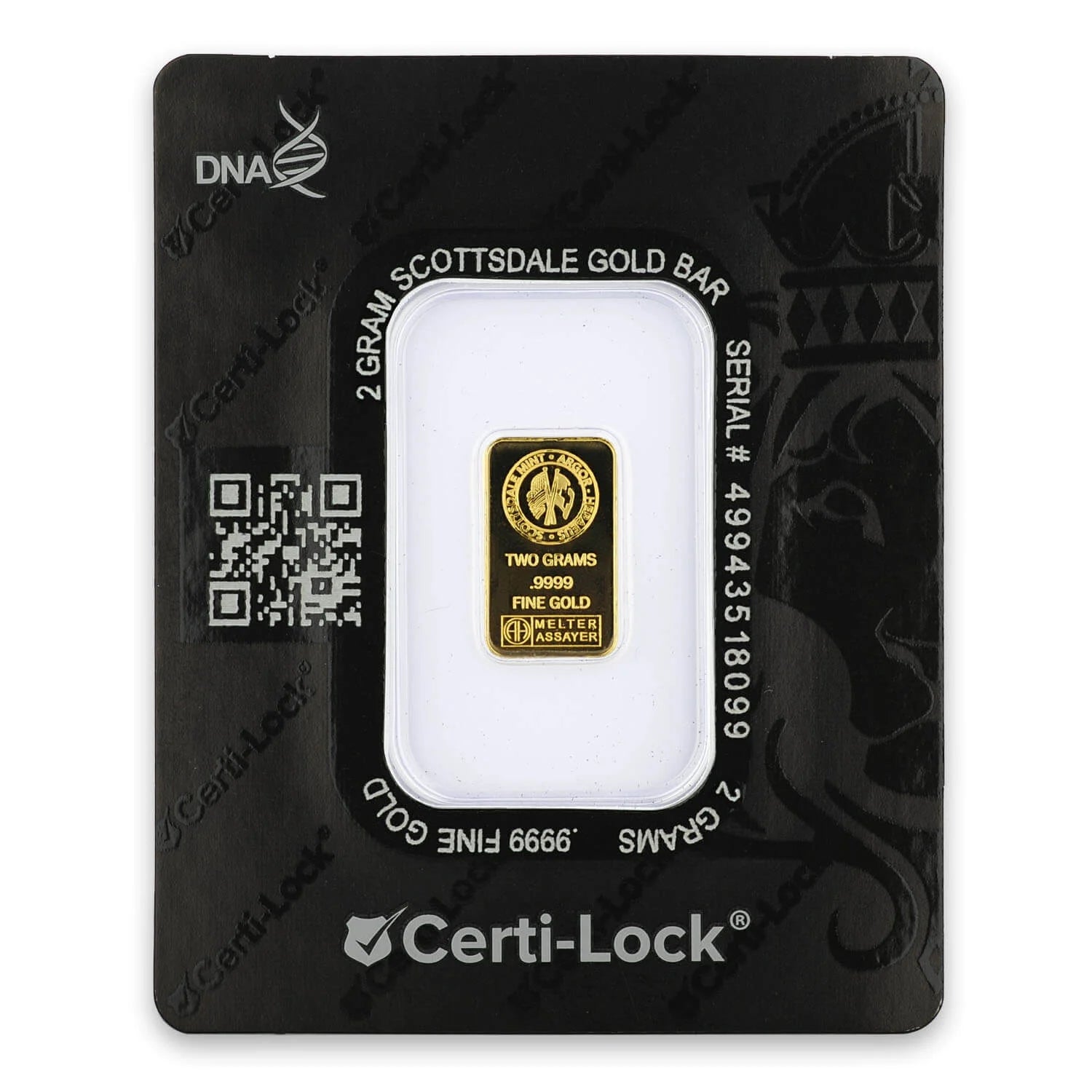 2 Gram 9999 Pure Gold Scottsdale Mint Lion Bar in Assay Card