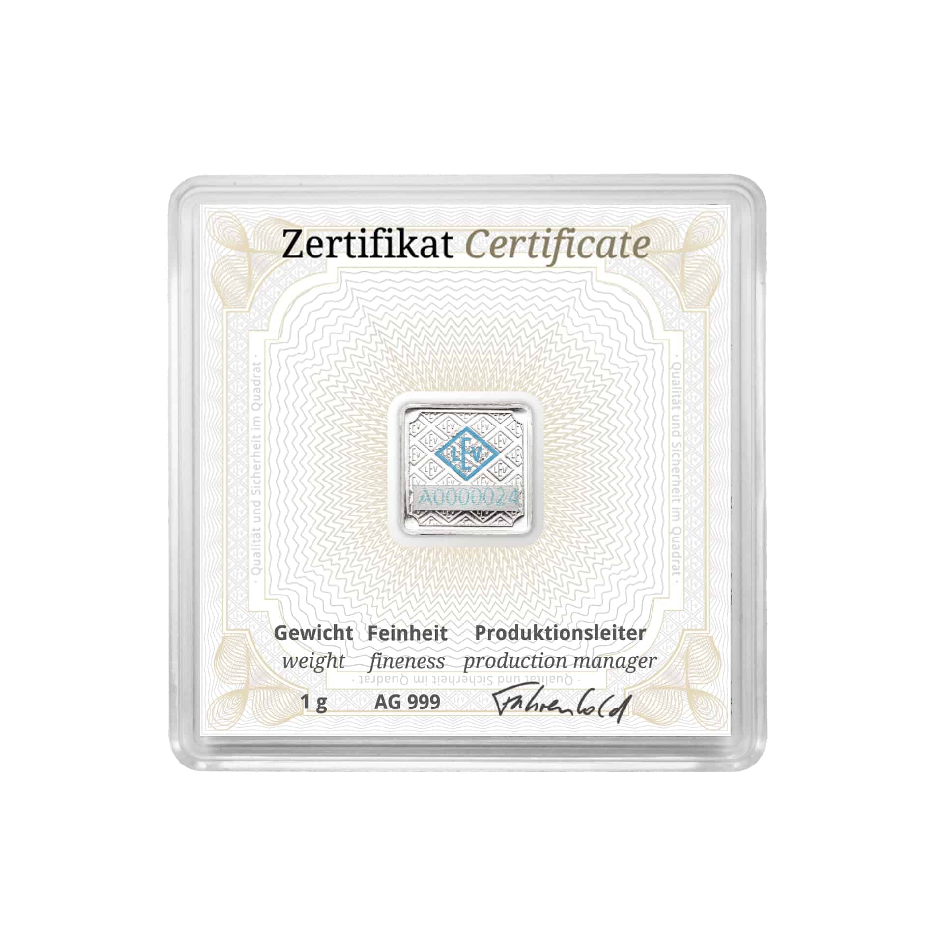 Geiger Edelmetalle Ag 1 g Silver Bar in Assay