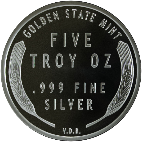 5 OZ 999 SILVER ROUND LINCOLN WHEAT CENT DESIGN GOLDEN STATE MINT