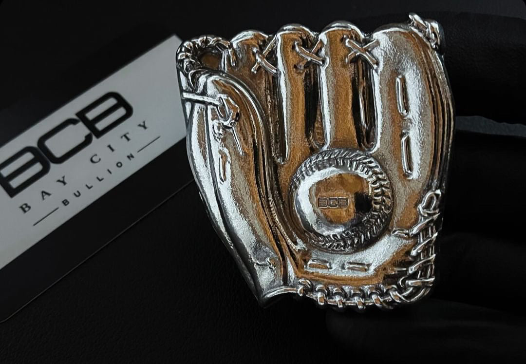 Bay City Bullion 5.4 oz Sand Cast Baseball Glove 999 Silver Art Bar