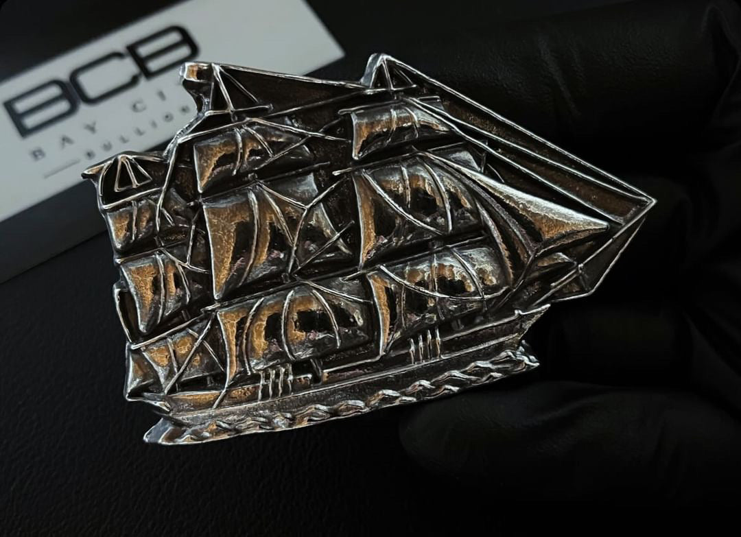 Bay City Bullion 4.5 oz Sand Cast Sailing Ship 999 Silver Art Bar