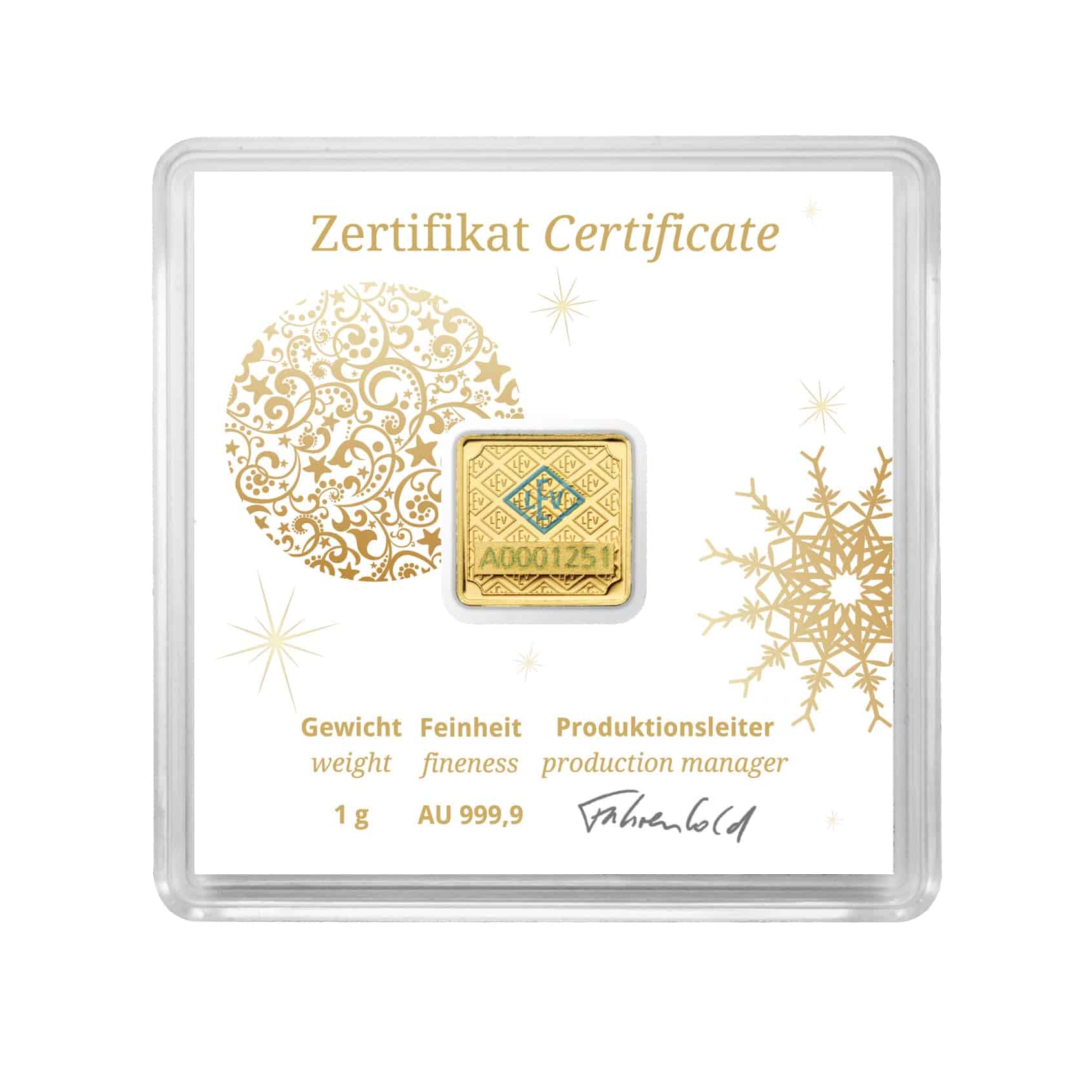 Geiger Edelmetalle AG 1 g Gold Bar in Christmas Assay