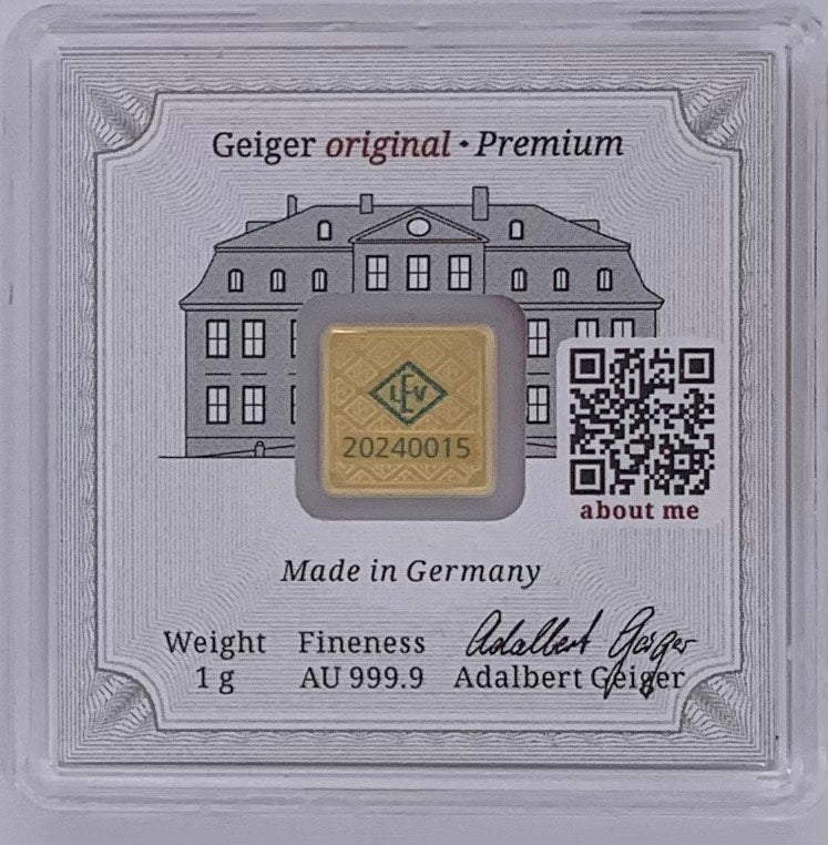 Limited Mintage Geiger Edelmetalle 1 Gram 9999 Gold bar in Canada Assay