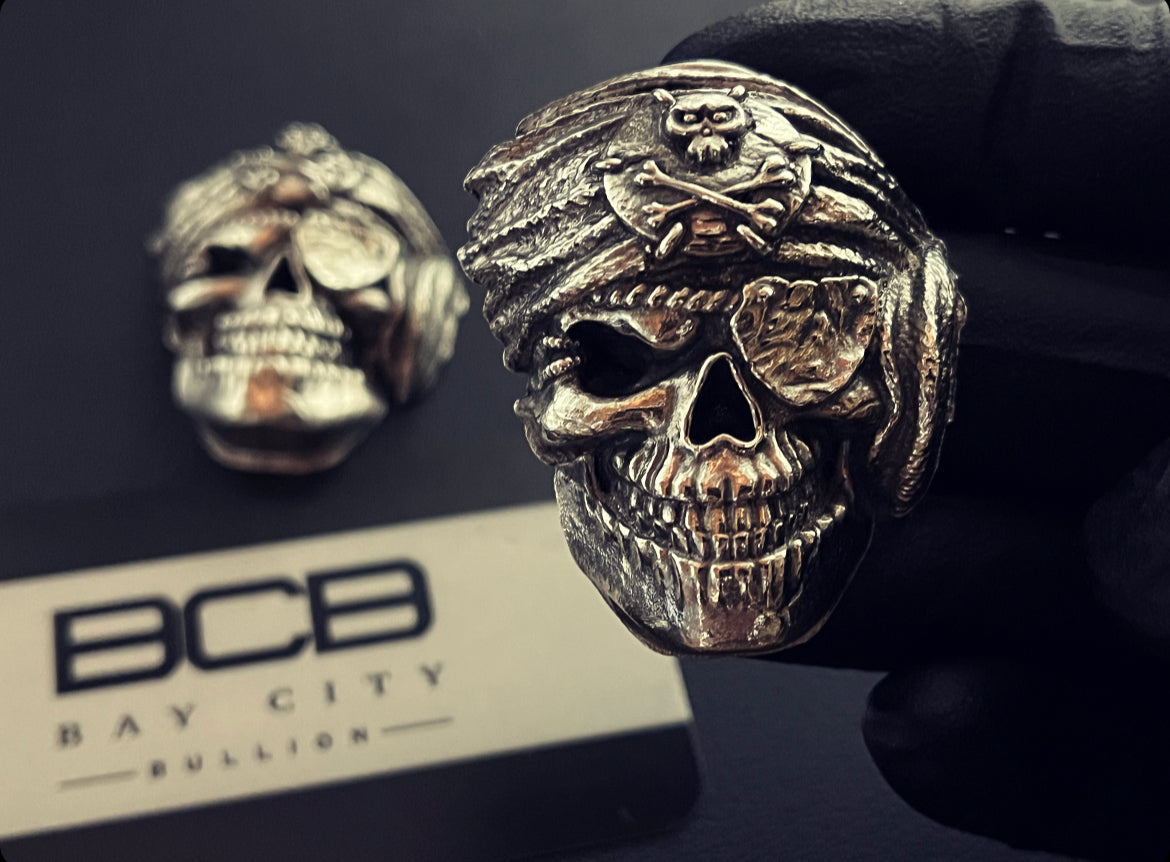 Bay City Bullion 3.6 oz Sand Cast Pirate Skull 999 Silver Art Bar
