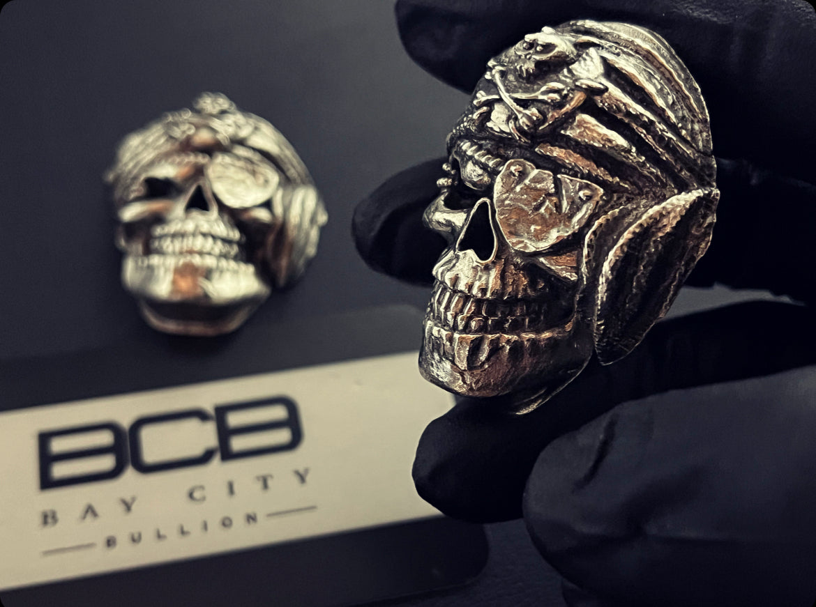Bay City Bullion 3.6 oz Sand Cast Pirate Skull 999 Silver Art Bar