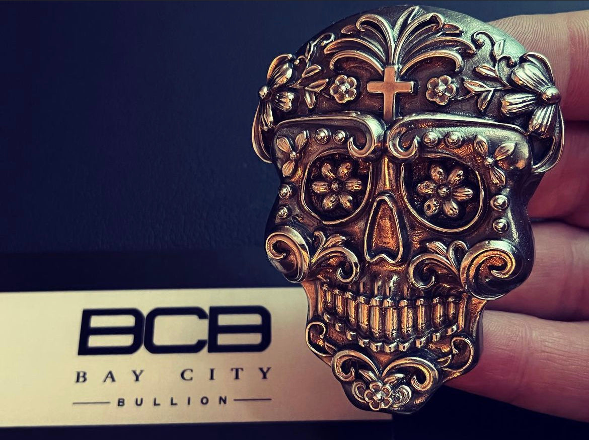 Bay City Bullion 7.8 oz Sand Cast Sugar Skull 999 Silver Art Bar
