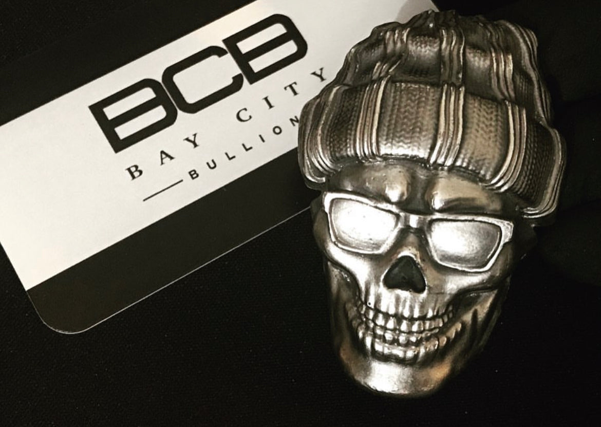 Bay City Bullion 5.5 oz Sand Cast Skully 999 Silver Art Bar