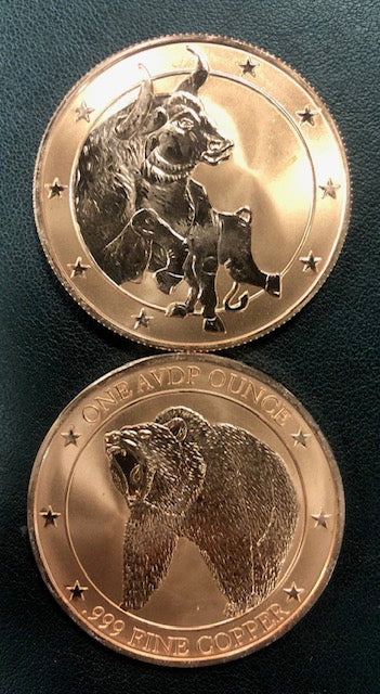Reverse Proof Bull & Bear 1 AVDP Ounce 999 Copper Round