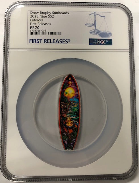 PF 70 2023 1 oz Colorized Niue Silver Drew Brophy Surfboards The Enforcer Coin w/ Box + COA First Release