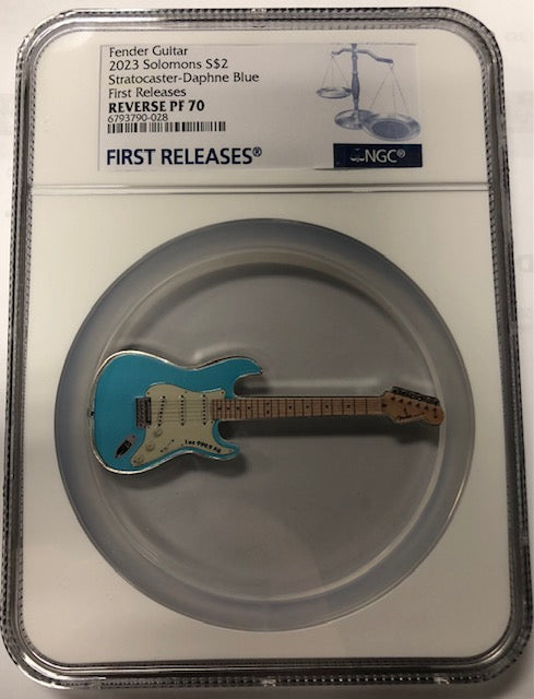 Reverse PF 70 First Release 2023 1oz Solomon Islands Silver Fender Guitar Daphne Blue Stratocaster Shaped Coin