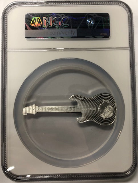 Reverse PF 70 First Release 2023 1oz Solomon Islands Silver Fender Guitar Daphne Blue Stratocaster Shaped Coin
