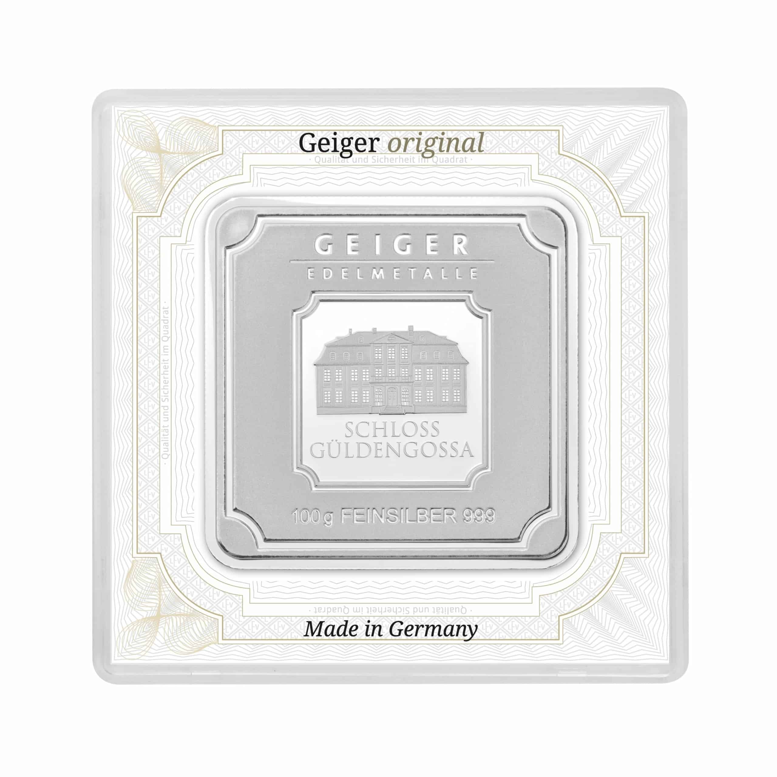 Geiger Edelmetalle AG 100 g Silver Bar in Assay