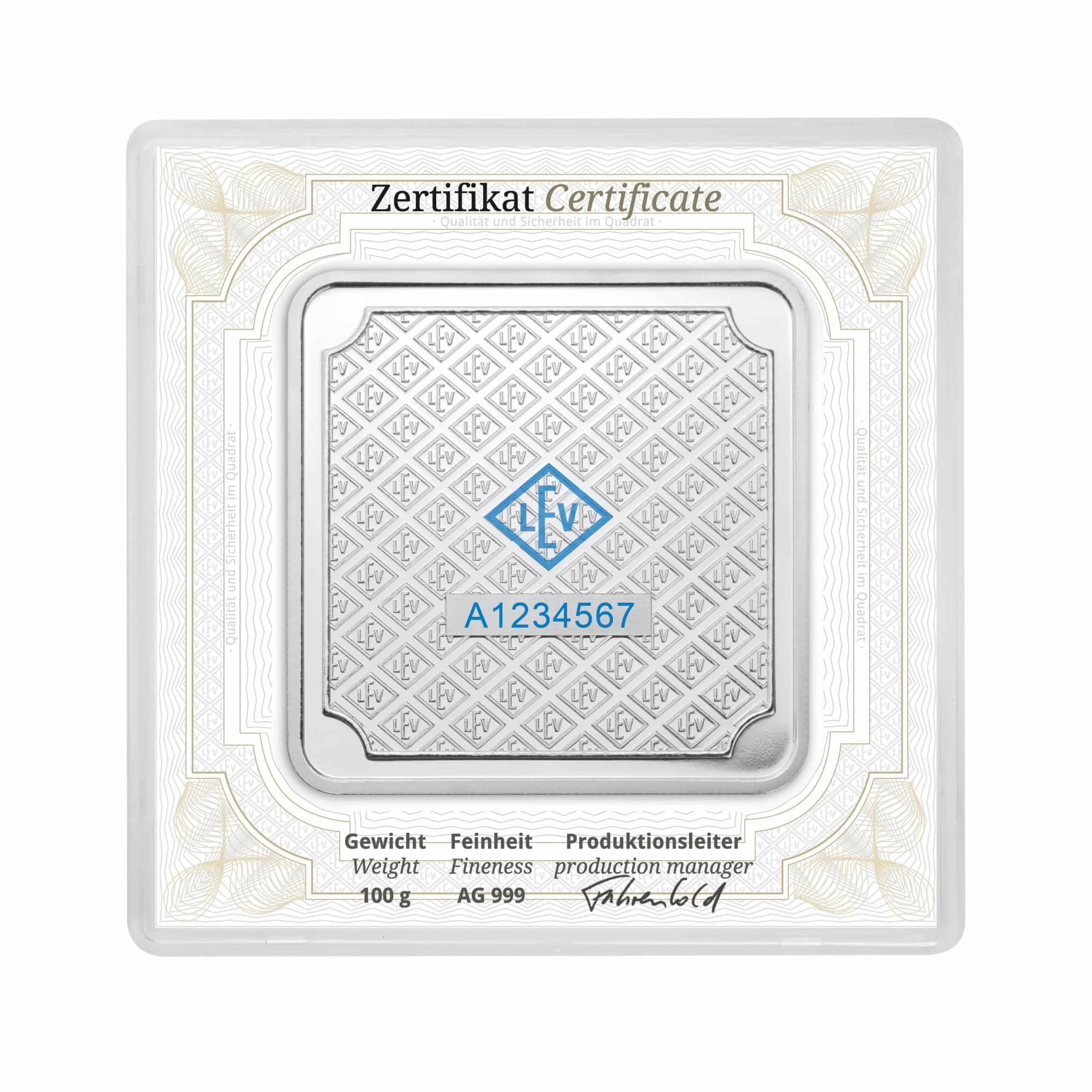 Geiger Edelmetalle AG 100 g Silver Bar in Assay