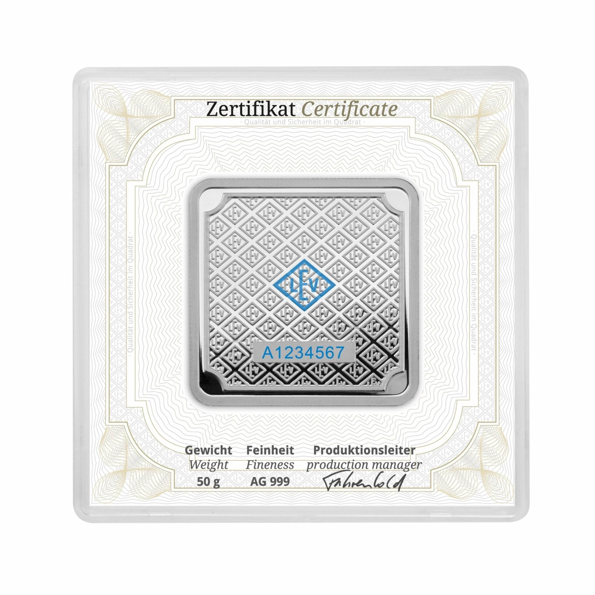 Geiger Edelmetalle AG 50 g Silver Bar in Assay