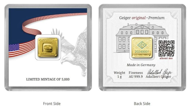 Limited Mintage Geiger Edelmetalle 1 Gram 9999 Gold bar in USA