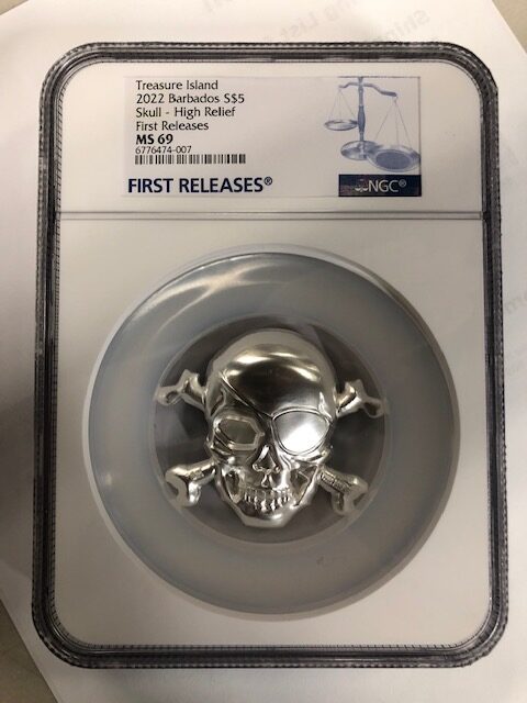 NGC MS69 2022 Skull Treasure Island 5 oz Silver Coin Pamp