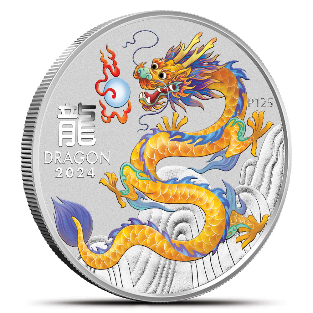 2024 1 OZ PERTH MINT SILVER LUNAR DRAGON COLORED YELLOW