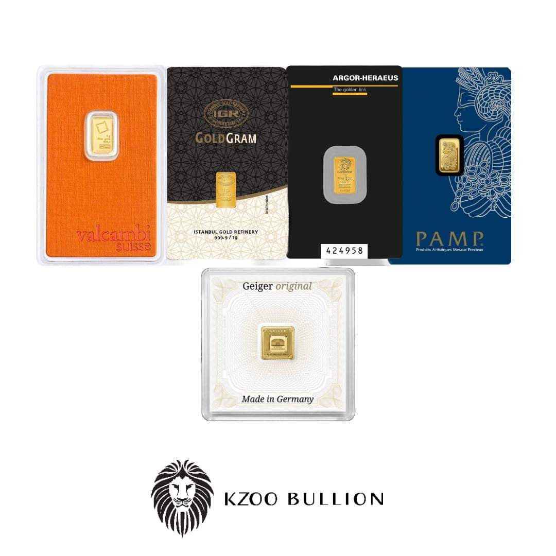 1 gram 999+ Gold Bar in Assay, Various Mints