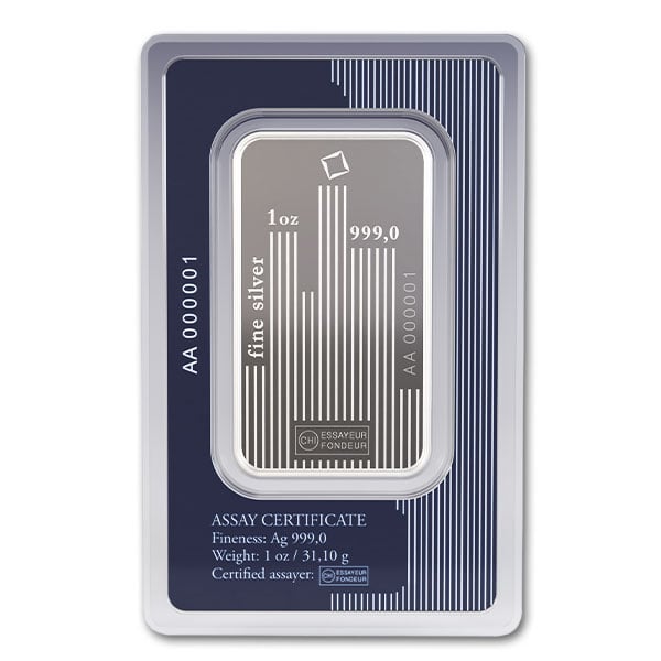 Valcambi 1 Ounce 999 Silver Skyline Bar in Assay